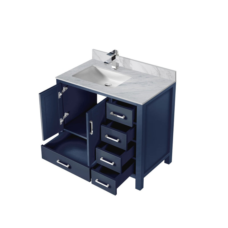 Lexora Jacques 36" W x 22" D Offset Navy Blue Single Bath Vanity with Marble Top, and Faucet Set