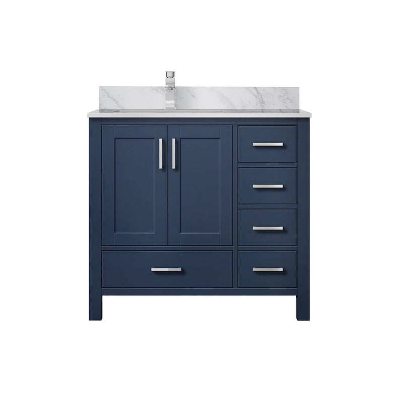 Lexora Jacques 36" W x 22" D Offset Navy Blue Single Bath Vanity with Marble Top, and Faucet Set