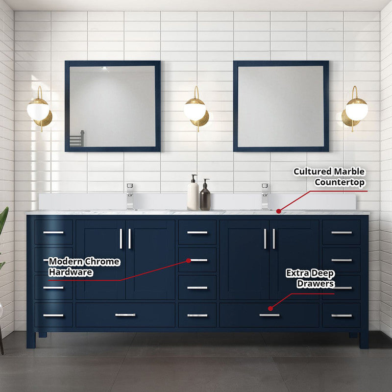 Lexora Jacques 84" W x 22" D Navy Blue Double Bath Vanity Marble Top with Faucet Set and 34" Mirrors