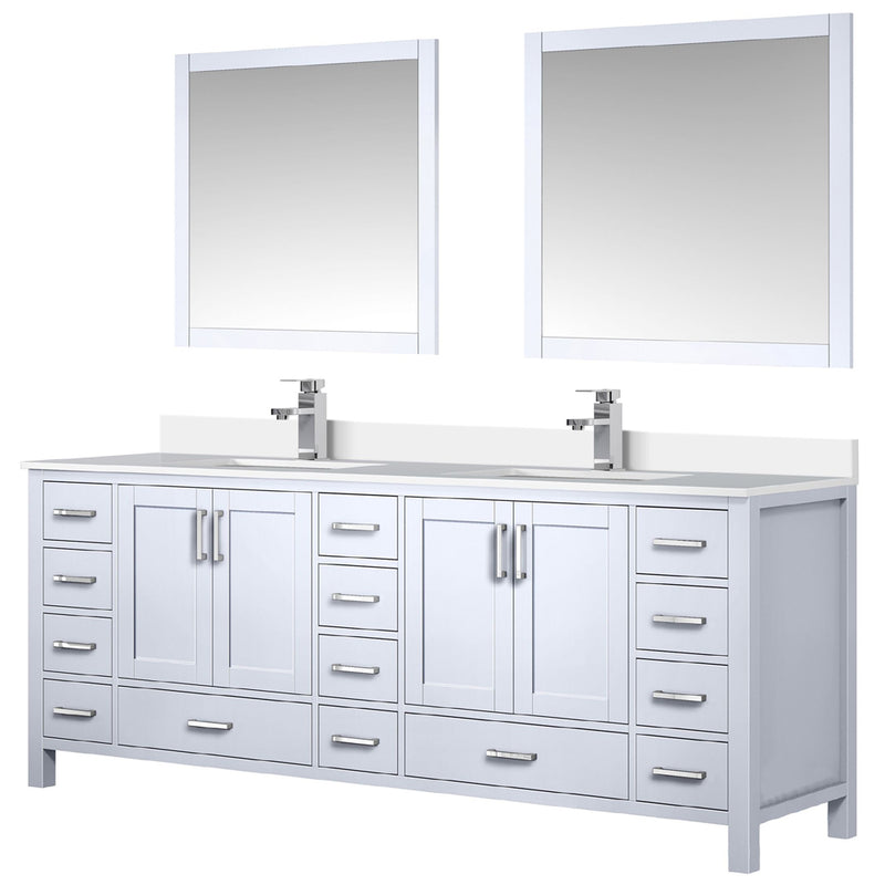 Lexora Jacques 84" W x 22" D White Double Bath Vanity Marble Top with Faucet Set and 34" Mirrors