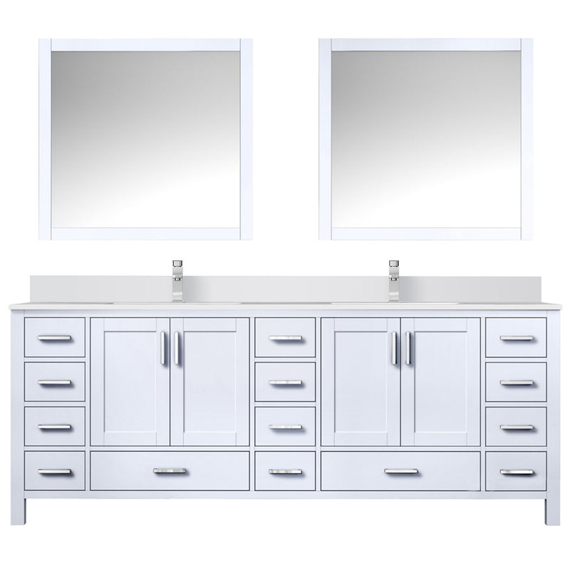 Lexora Jacques 84" W x 22" D White Double Bath Vanity Marble Top with Faucet Set and 34" Mirrors