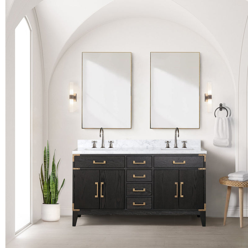 Lexora Laurel 60" W x 22" D Double Bath Vanity Carrara Marble Top with Faucet Set and 28" Mirrors