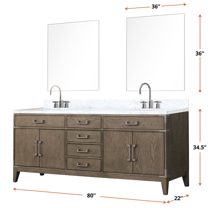 Lexora Laurel 80 " W x 22 " D Black Oak Double Bath Vanity Carrara Marble Top and 36 " Mirrors