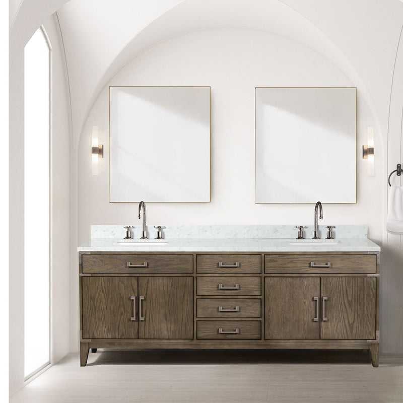 Lexora Laurel 84" W x 22" D Double Bath Vanity Carrara Marble Top with Faucet Set and 36" Mirrors