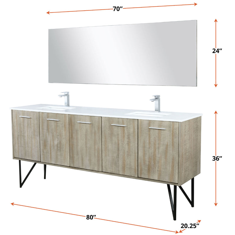 Lexora Lancy 80" W x 20" D Rustic Acacia Double Bath Vanity Cultured Marble Top with Faucet Set and 70" Mirror