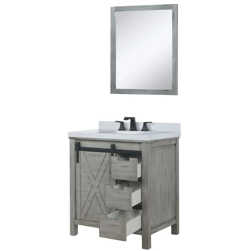 Lexora Marsyas 30" W x 22" D Ash Grey Bath Vanity Marble Countertop Faucet Set and 28" Mirror