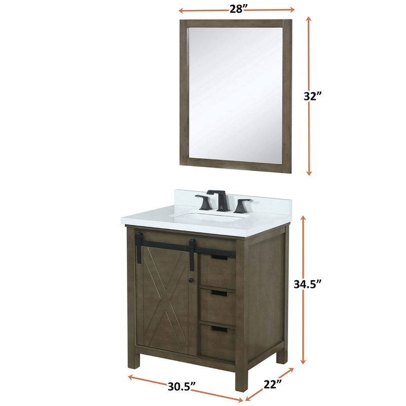 Lexora Marsyas 30" W x 22" D Rustic Brown Bath Vanity Marble Countertop and 28" Mirror