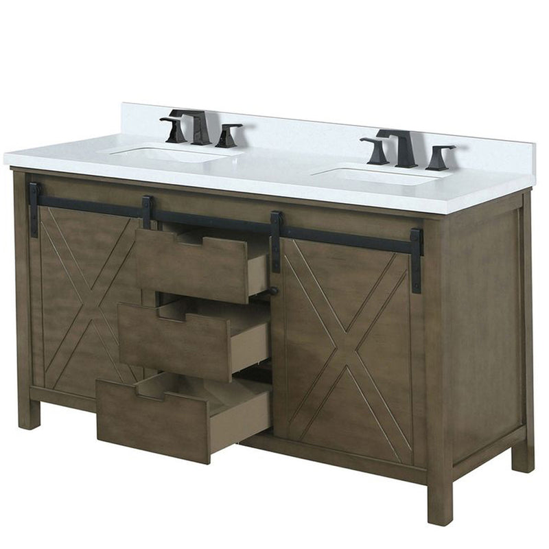 Lexora Marsyas 60" W x 22" D Rustic Brown Double Bath Vanity Marble Countertop and Faucet Set