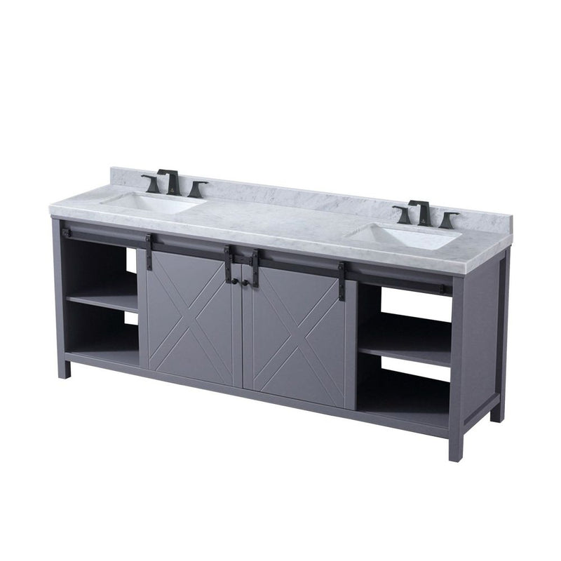 Lexora Marsyas 84" W x 22" D Dark Grey Double Bath Vanity Carrara Marble Countertop and Faucet Set