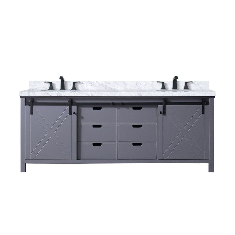 Lexora Marsyas 84" W x 22" D Dark Grey Double Bath Vanity Carrara Marble Countertop and Faucet Set