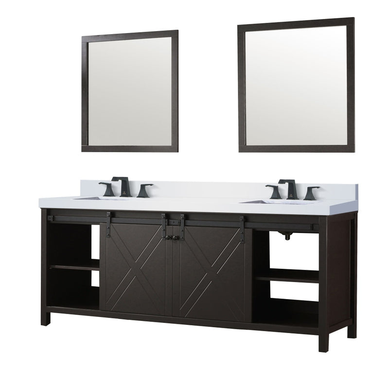 Lexora Marsyas 84 in W x 22 in D Brown Double Bath Vanity, Marble Countertop with Faucet Set and 34 in Mirrors