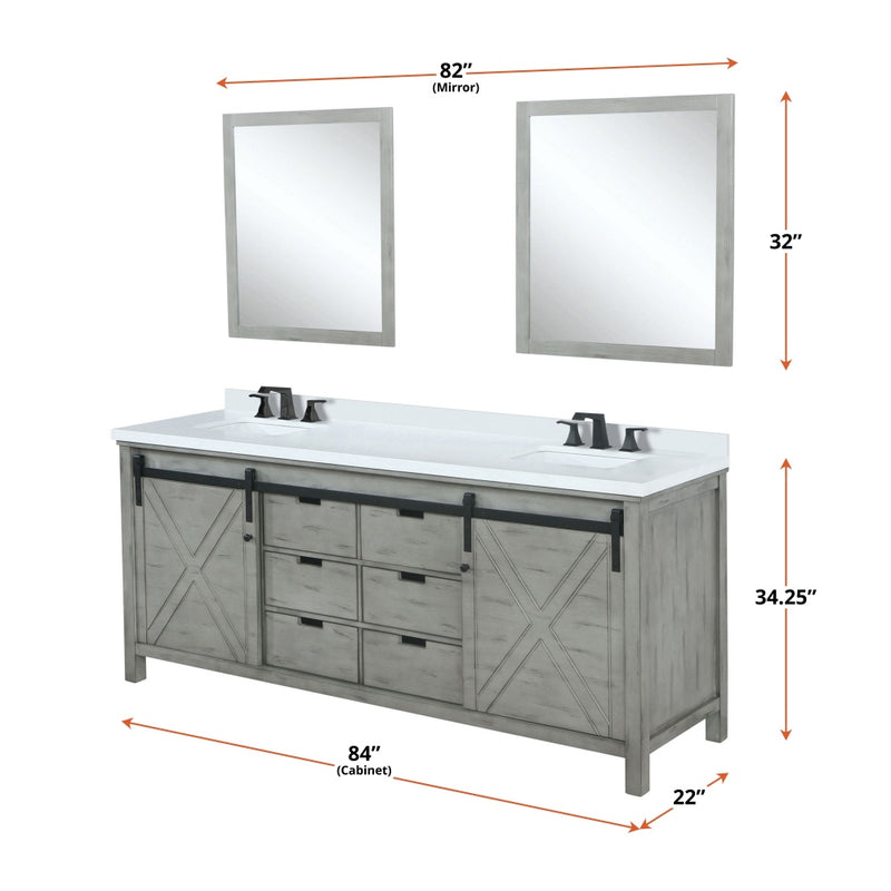 Lexora Marsyas 84 in W x 22 in D Ash Grey Double Bath Vanity, Marble Countertop with Faucet Set and 34 in Mirrors