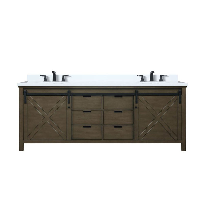 Lexora Marsyas 84" W x 22" D Rustic Brown Double Bath Vanity Marble Countertop and Faucet Set