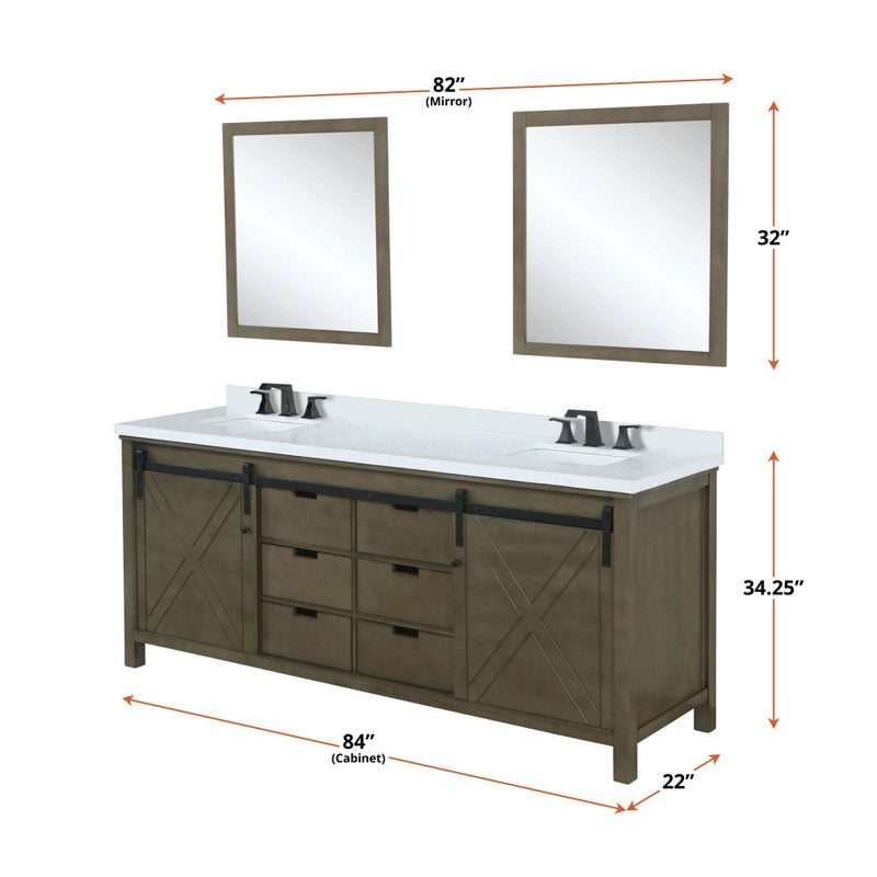 Lexora Marsyas 84 in W x 22 in D Rustic Brown Double Bath Vanity with Marble Countertop and 34 in Mirrors