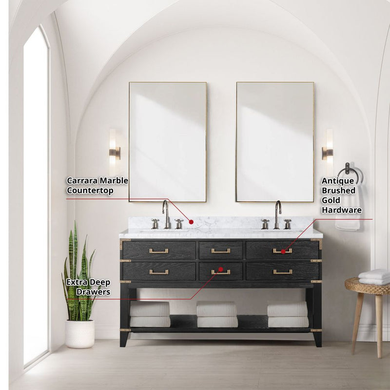 Lexora Norwalk 60 in W x 22 in D Double Bath Vanity with Carrara Marble Top Faucet Set and 28 in Mirrors