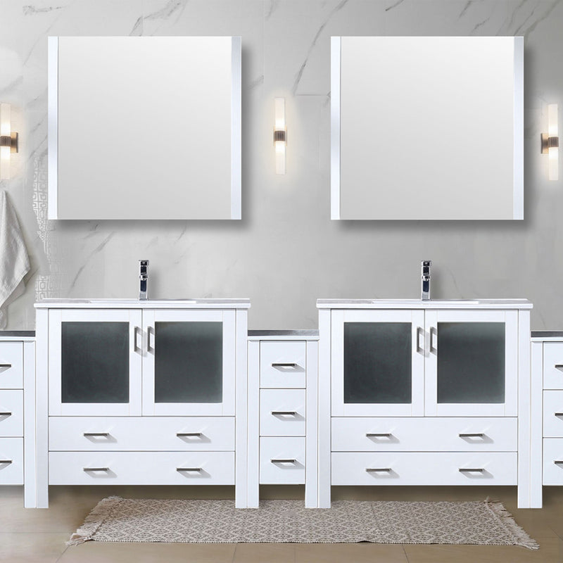 Lexora Volez 108" W x 18.25" D Double Bath Vanity with Side Cabinets and White Ceramic Top