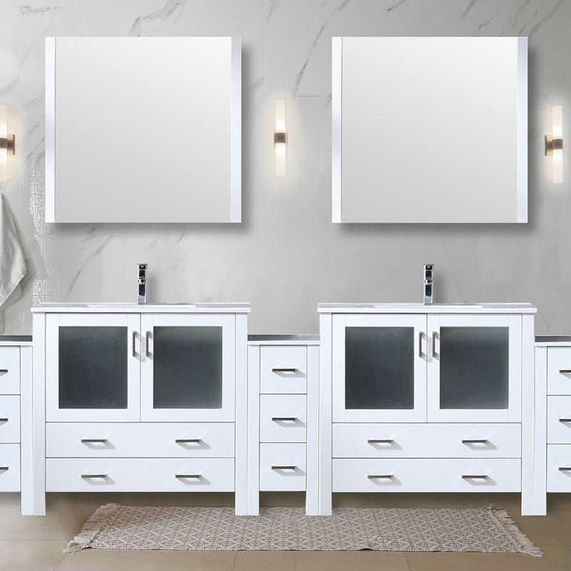 Lexora Volez 108" W x 18.25" D Double Bath Vanity with Side Cabinets White Ceramic Top and 34" Mirrors