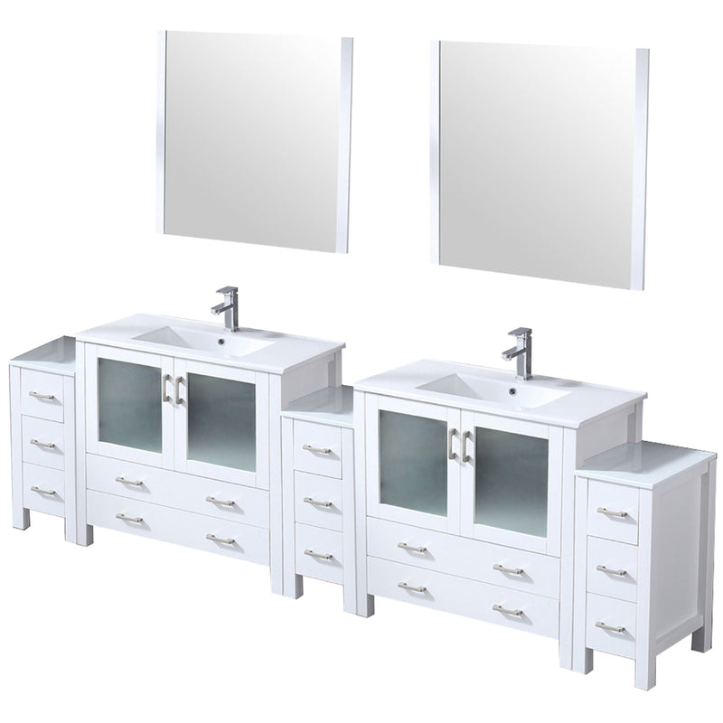 Lexora Volez 108" W x 18.25" D Double Bath Vanity with Side Cabinets White Ceramic Top 34" Mirrors and Faucet Set