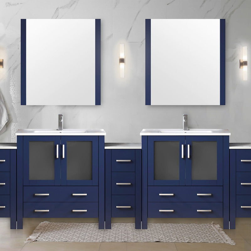 Lexora Volez 108" W x 18.25" D Double Bath Vanity with Side Cabinets White Ceramic Top and 34" Mirrors