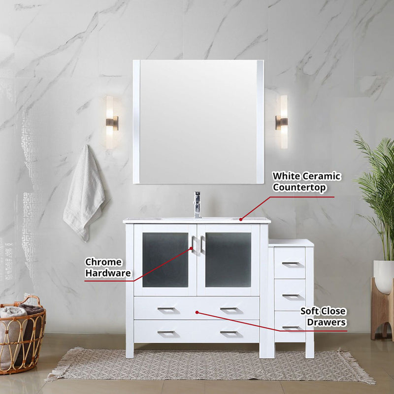 Lexora Volez 48" W x 18.25" D Single Bath Vanity with Side Cabinet with White Ceramic Top and 34" Mirror