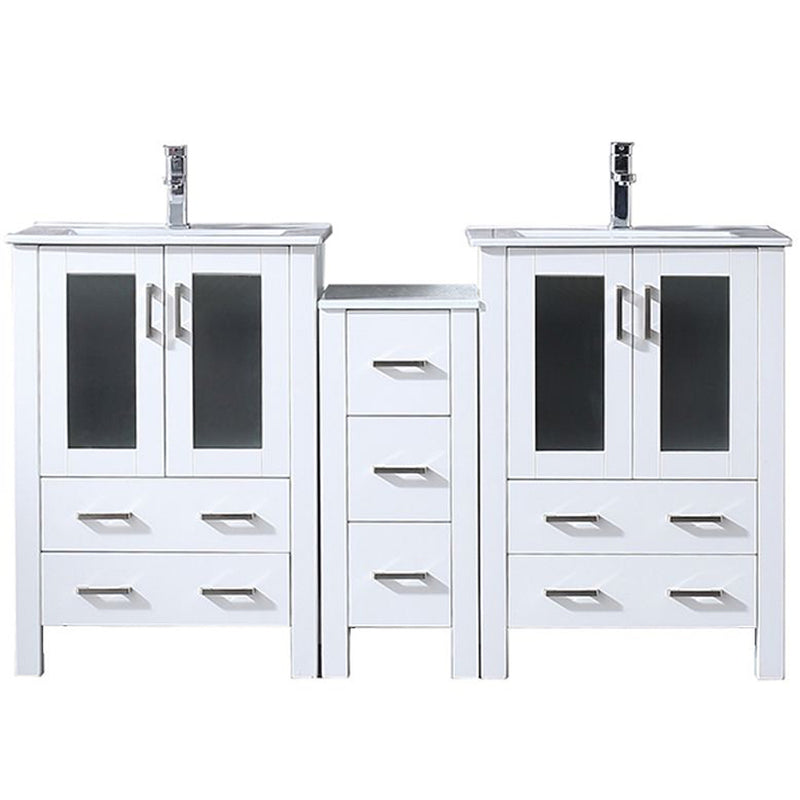 Lexora Volez 60" W x 18.25" D Double Bath Vanity with Side Cabinet White Ceramic Top and Faucet Set