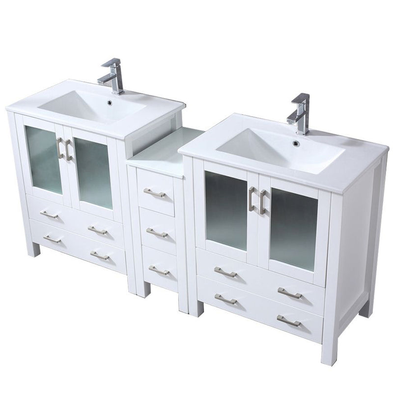 Lexora Volez 72" W x 18.25" D Double Bath Vanity with Side Cabinet White Ceramic Top and Faucet Set