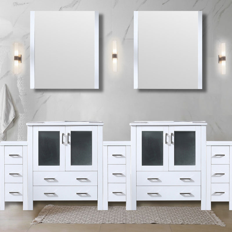 Lexora Volez 96" W x 18.25" D Double Bath Vanity with Side Cabinets White Ceramic Top and 28" Mirrors