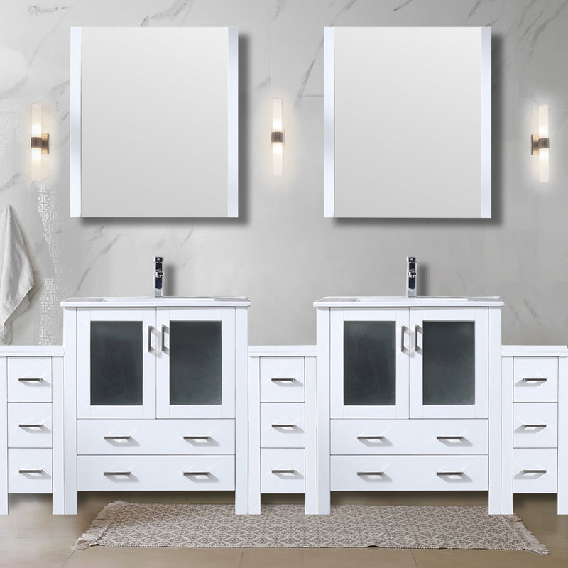 Lexora Volez 96" W x 18.25" D Double Bath Vanity with Side Cabinets White Ceramic Top 28" Mirrors with Faucet Set