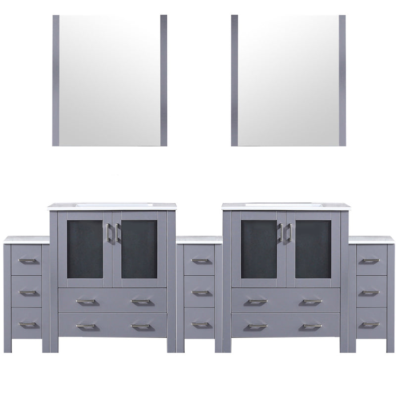 Lexora Volez 96" W x 18.25" D Double Bath Vanity with Side Cabinets White Ceramic Top and 28" Mirrors