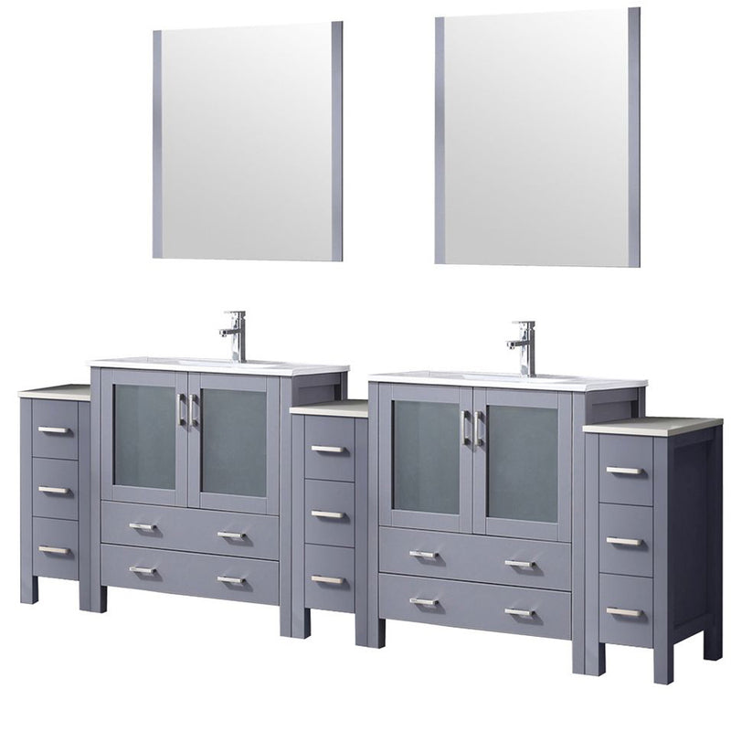 Lexora Volez 96" W x 18.25" D Double Bath Vanity with Side Cabinets White Ceramic Top 28" Mirrors with Faucet Set