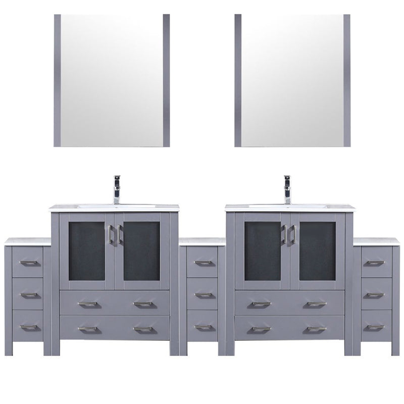 Lexora Volez 96" W x 18.25" D Double Bath Vanity with Side Cabinets White Ceramic Top 28" Mirrors with Faucet Set