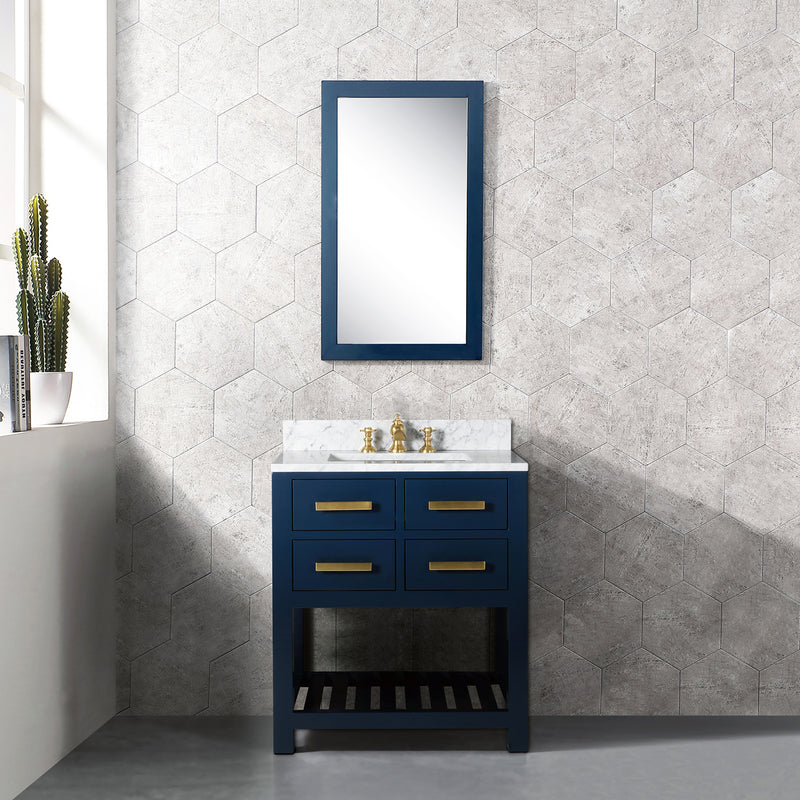 Water Creation 30" Monarch Blue Single Sink Bathroom Vanity with F2-0013 Satin Gold Faucet From The Madalyn Collection MA30CW06MB-000FX1306