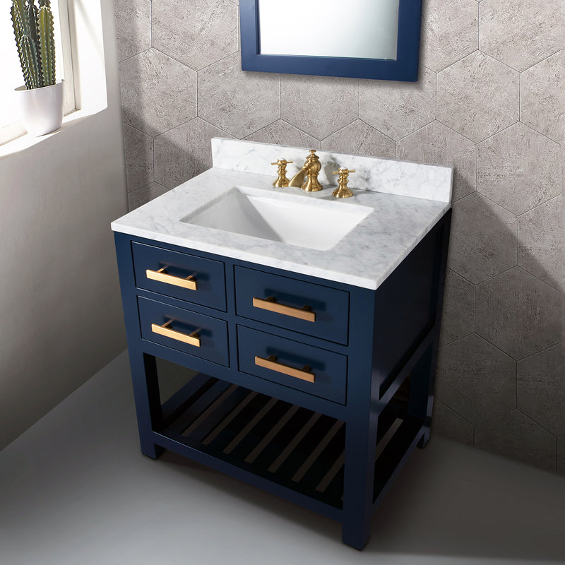 Water Creation 30" Monarch Blue Single Sink Bathroom Vanity with F2-0013 Satin Gold Faucet and Mirror From The Madalyn Collection MA30CW06MB-R21FX1306