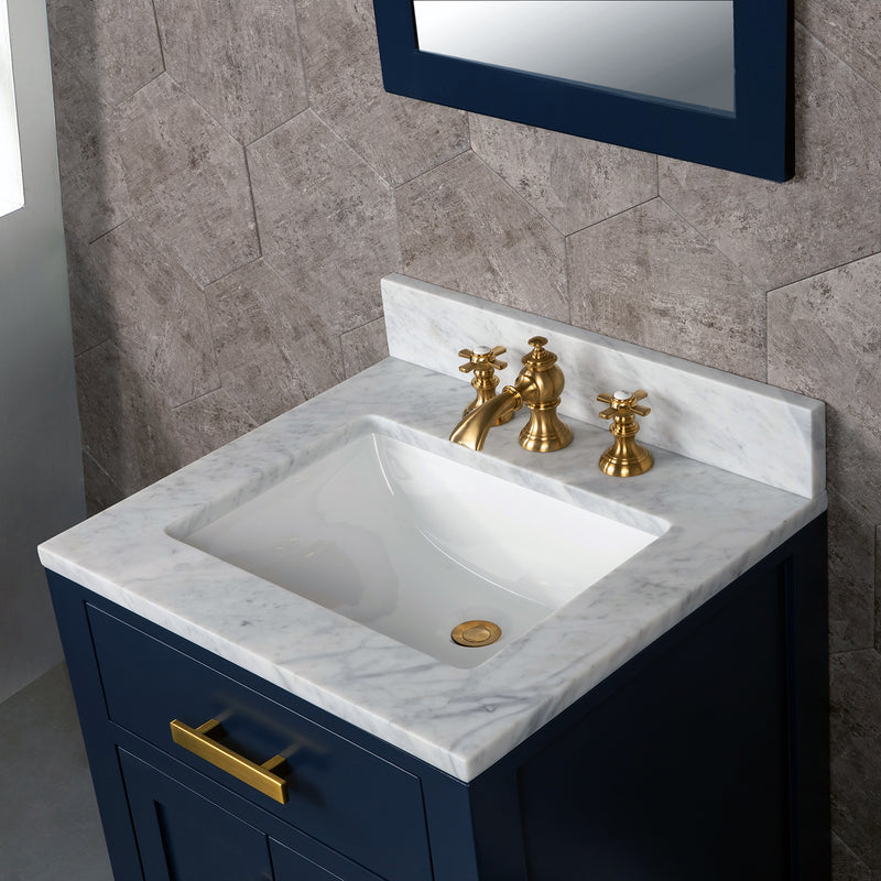 Water Creation Madison 24" Single Sink Carrara White Marble Vanity In Monarch Blue with F2-0013-06-FX Lavatory Faucet MS24CW06MB-000FX1306