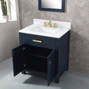 Water Creation Madison 30" Single Sink Carrara White Marble Vanity In Monarch Blue with Matching Mirror and F2-0013-06-FX Lavatory Faucet MS30CW06MB-R21FX1306