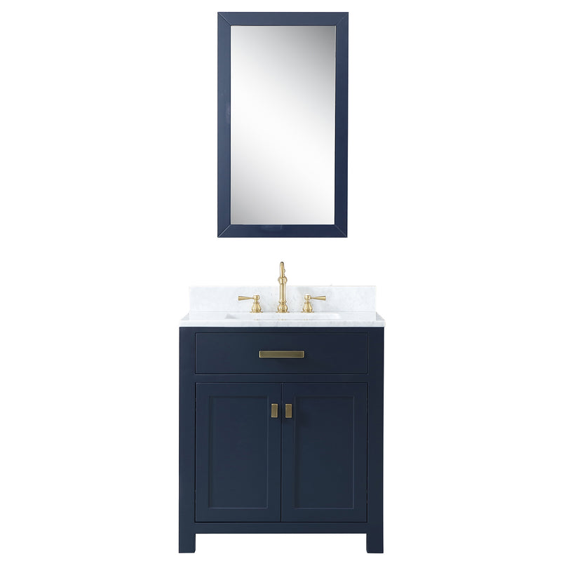 Water Creation Madison 30" Single Sink Carrara White Marble Vanity In Monarch Blue with Matching Mirror and F2-0012-06-TL Lavatory Faucet MS30CW06MB-R21TL1206