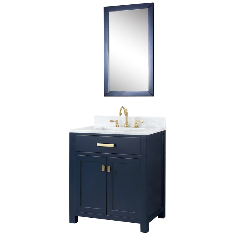 Water Creation Madison 30" Single Sink Carrara White Marble Vanity In Monarch Blue with F2-0012-06-TL Lavatory Faucet MS30CW06MB-000TL1206