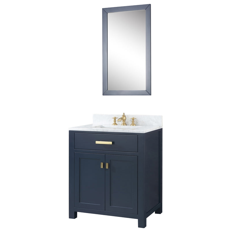 Water Creation Madison 30" Single Sink Carrara White Marble Vanity In Monarch Blue with F2-0013-06-FX Lavatory Faucet MS30CW06MB-000FX1306