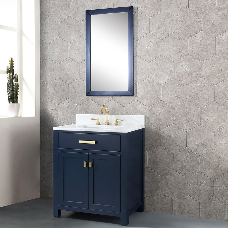 Water Creation Madison 30" Single Sink Carrara White Marble Vanity In Monarch Blue with Matching Mirror MS30CW06MB-R21000000