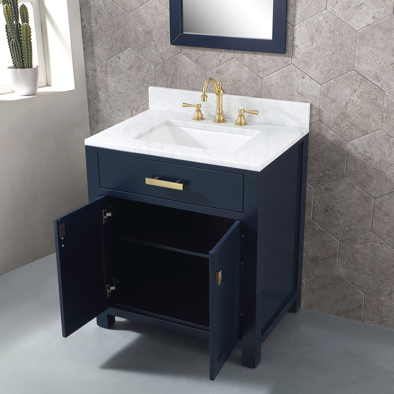 Water Creation Madison 30" Single Sink Carrara White Marble Vanity In Monarch Blue MS30CW06MB-000000000