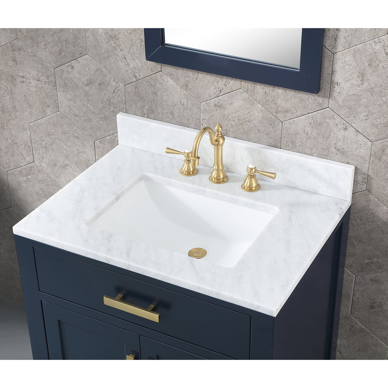 Water Creation Madison 30" Single Sink Carrara White Marble Vanity In Monarch Blue with F2-0012-06-TL Lavatory Faucet MS30CW06MB-000TL1206