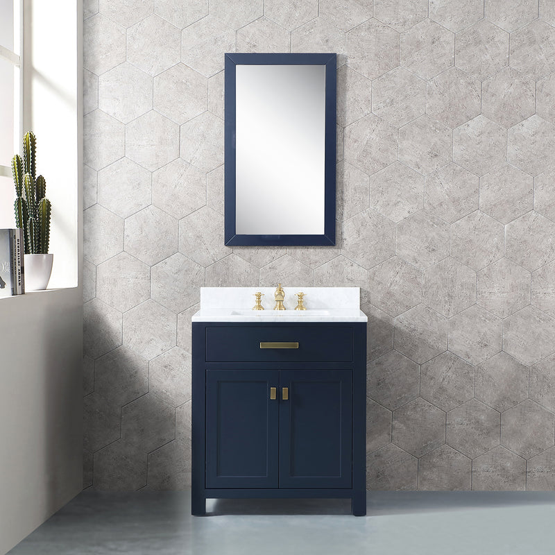 Water Creation Madison 30" Single Sink Carrara White Marble Vanity In Monarch Blue with Matching Mirror and F2-0013-06-FX Lavatory Faucet MS30CW06MB-R21FX1306