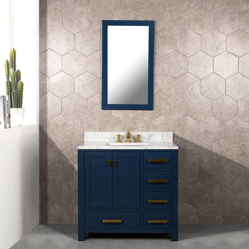 Water Creation Madison 36" Single Sink Carrara White Marble Vanity In Monarch Blue with Matching Mirror and F2-0013-06-FX Lavatory Faucet MS36CW06MB-R21FX1306