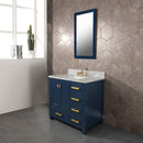 Water Creation Madison 36" Single Sink Carrara White Marble Vanity In Monarch Blue with Matching Mirror and F2-0013-06-FX Lavatory Faucet MS36CW06MB-R21FX1306