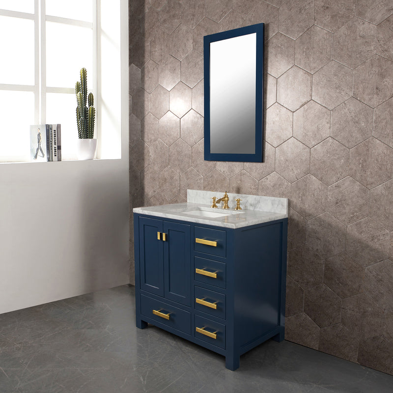 Water Creation Madison 36" Single Sink Carrara White Marble Vanity In Monarch Blue with Matching Mirror and F2-0013-06-FX Lavatory Faucet MS36CW06MB-R21FX1306