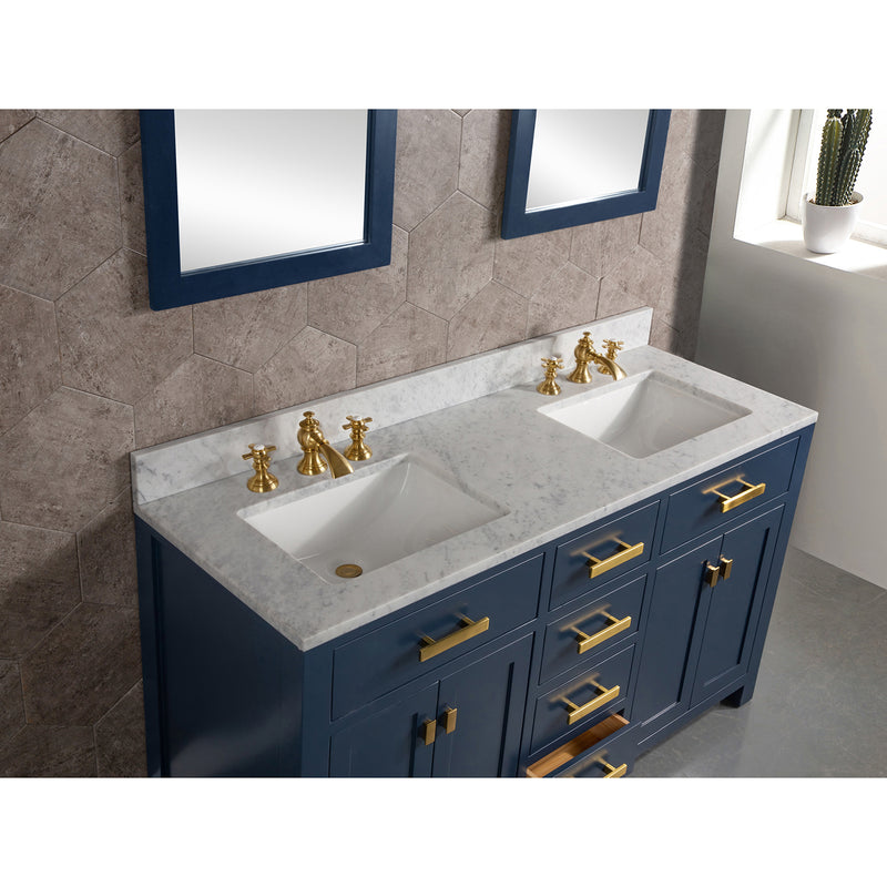 Water Creation Madison 60" Double Sink Carrara White Marble Vanity In Monarch Bluewith Matching Mirror and F2-0013-06-FX Lavatory Faucet MS60CW06MB-R21FX1306