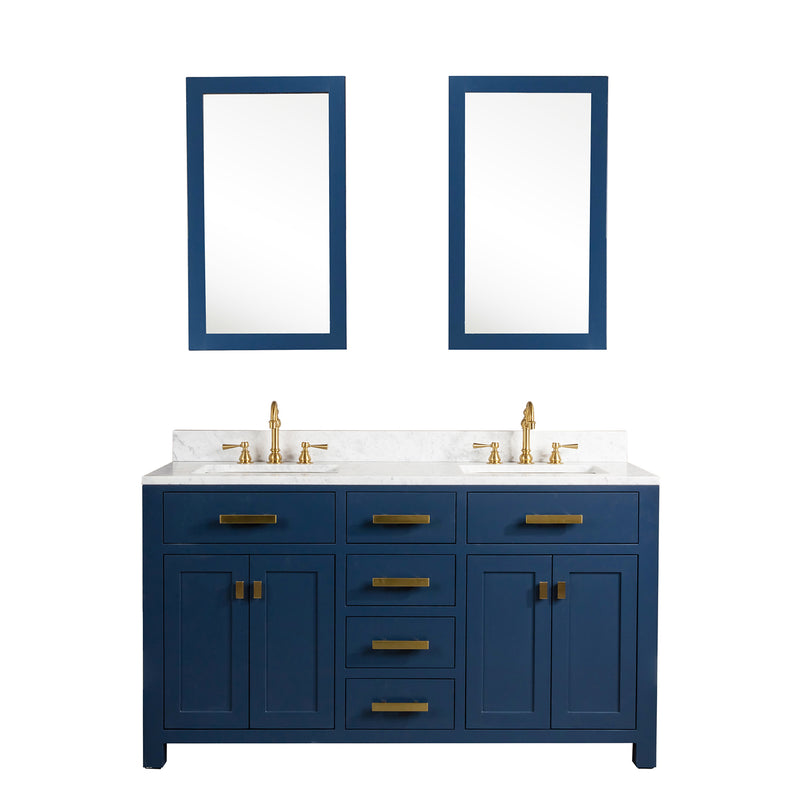 Water Creation Madison 60" Double Sink Carrara White Marble Vanity In Monarch Bluewith Matching Mirror and F2-0012-06-TL Lavatory Faucet MS60CW06MB-R21TL1206