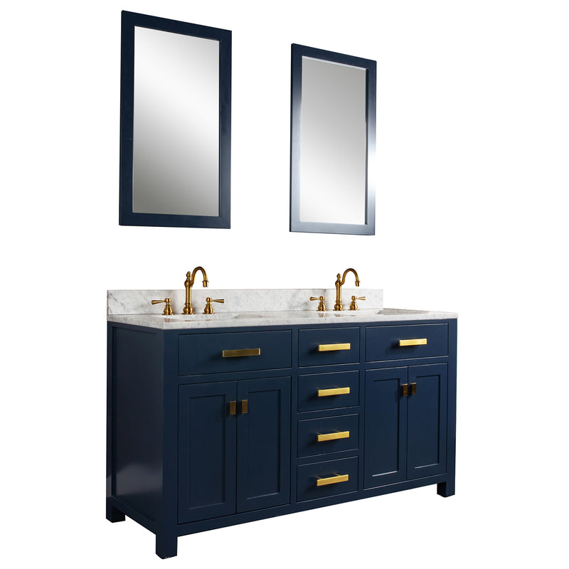 Water Creation Madison 60" Double Sink Carrara White Marble Vanity In Monarch Blue MS60CW06MB-000000000