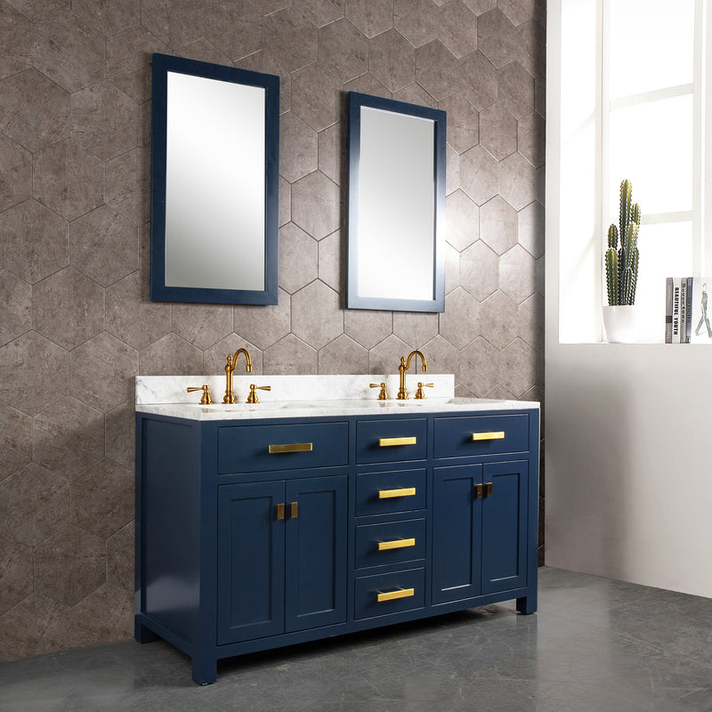 Water Creation Madison 60" Double Sink Carrara White Marble Vanity In Monarch Bluewith F2-0012-06-TL Lavatory Faucet MS60CW06MB-000TL1206