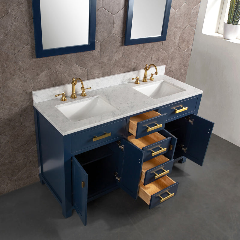 Water Creation Madison 60" Double Sink Carrara White Marble Vanity In Monarch Bluewith Matching Mirror and F2-0012-06-TL Lavatory Faucet MS60CW06MB-R21TL1206